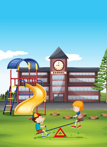 Two boys playing seesaw at school vector