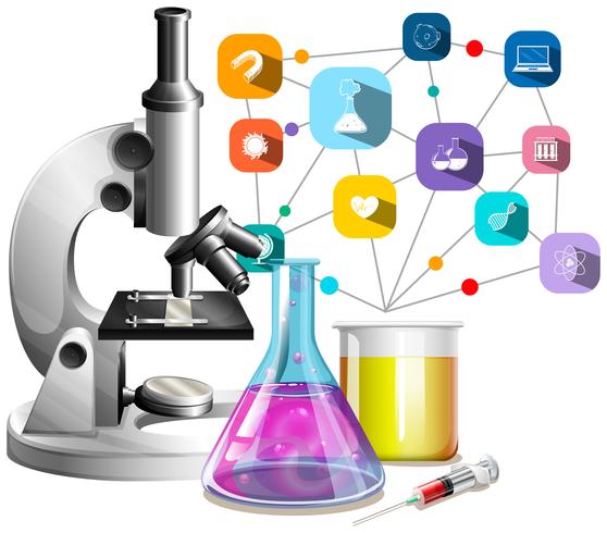 Microscope and glass beakers vector
