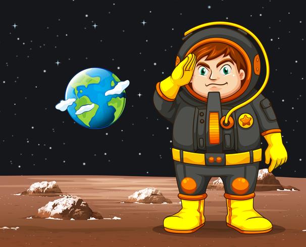 Astronaut in black spacesuit standing on planet vector