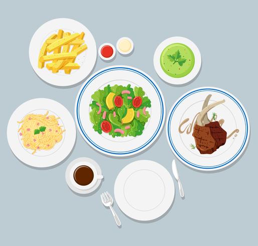 Different types of food on blue background