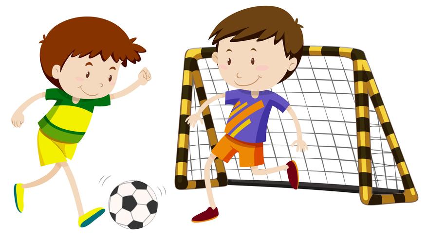 Dos niños jugando al fútbol vector