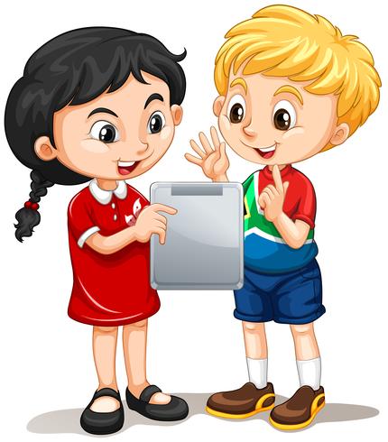 Boy and girl looking at the screen vector