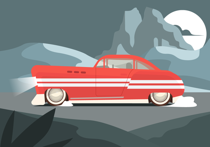 Retro Red Car in the Road at Night Vector Illustration