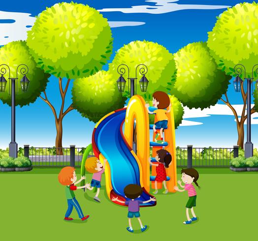 Kids playing on slide in the park vector