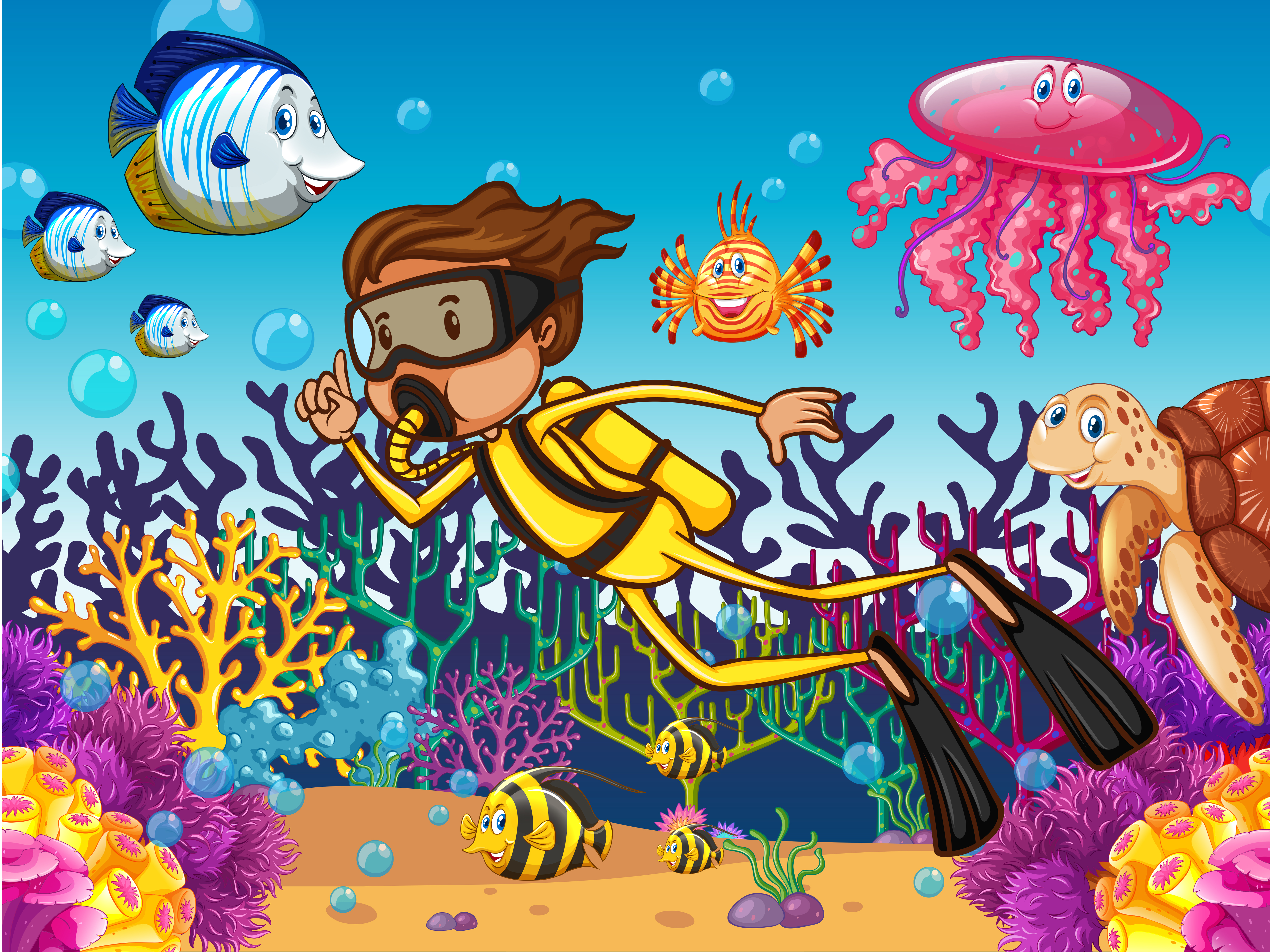 Diver diving underwater with many sea animals 366340 Vector Art at Vecteezy