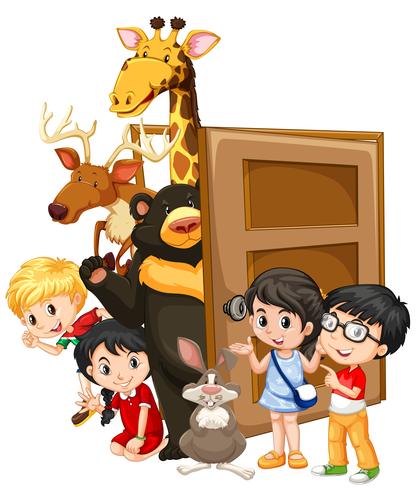 Children and wild animals behind the door vector