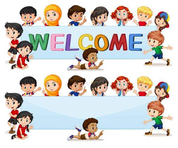 Niños internacionales en banner de bienvenida. vector