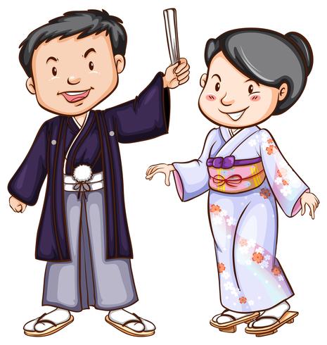 Un simple boceto de personas con los trajes asiáticos. vector