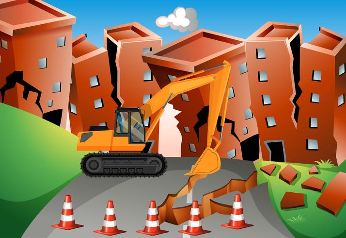 Escena del terremoto con bulldozer y edificios. vector