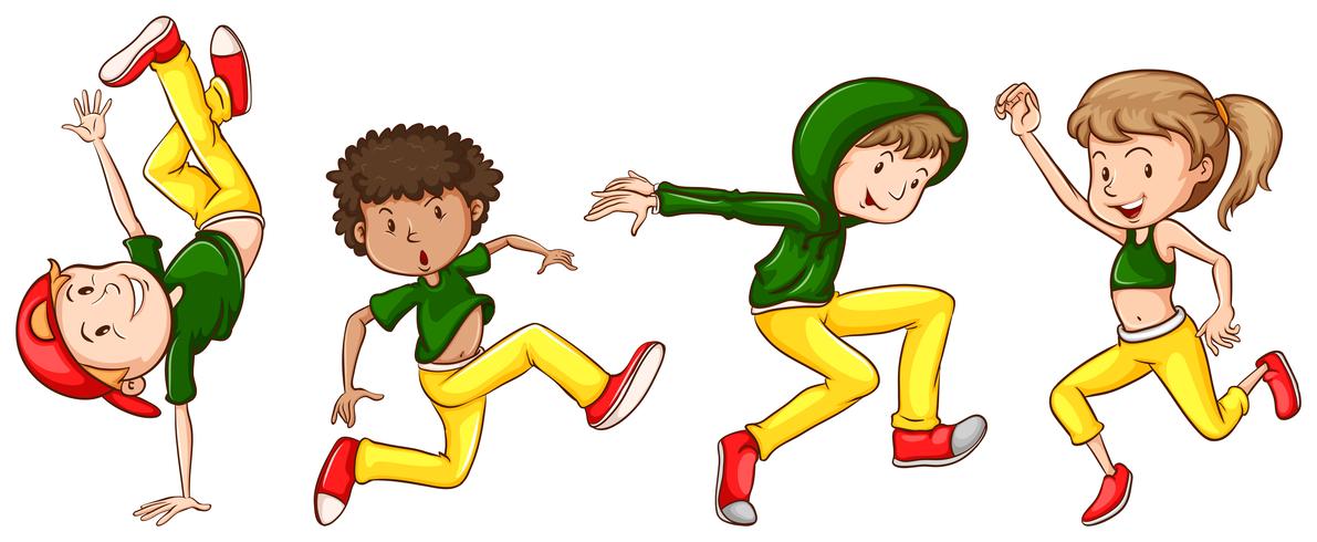 Un esbozo de los bailarines con trajes verdes y amarillos. vector