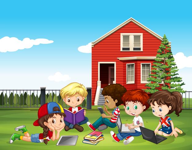 Internatinal children studying outside classroom vector