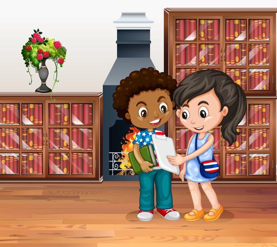 Children working in the library vector
