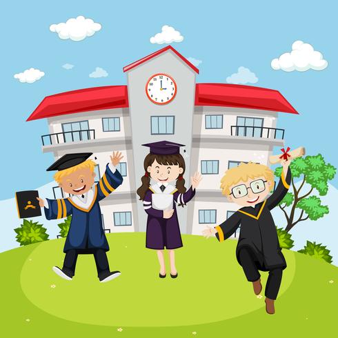 Three kids in graduation gown at school vector