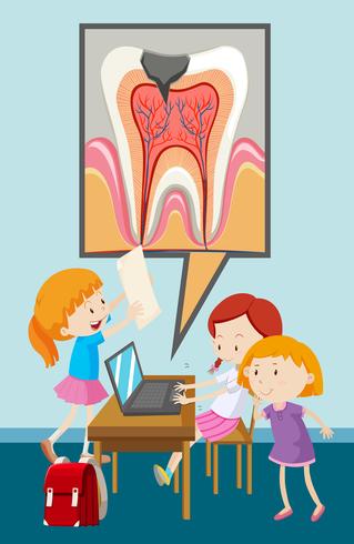 Niñas trabajando en computadora y diagrama de dientes vector