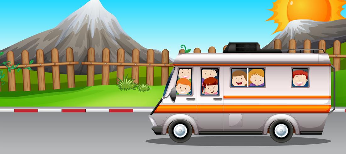 Children riding on camper van  vector