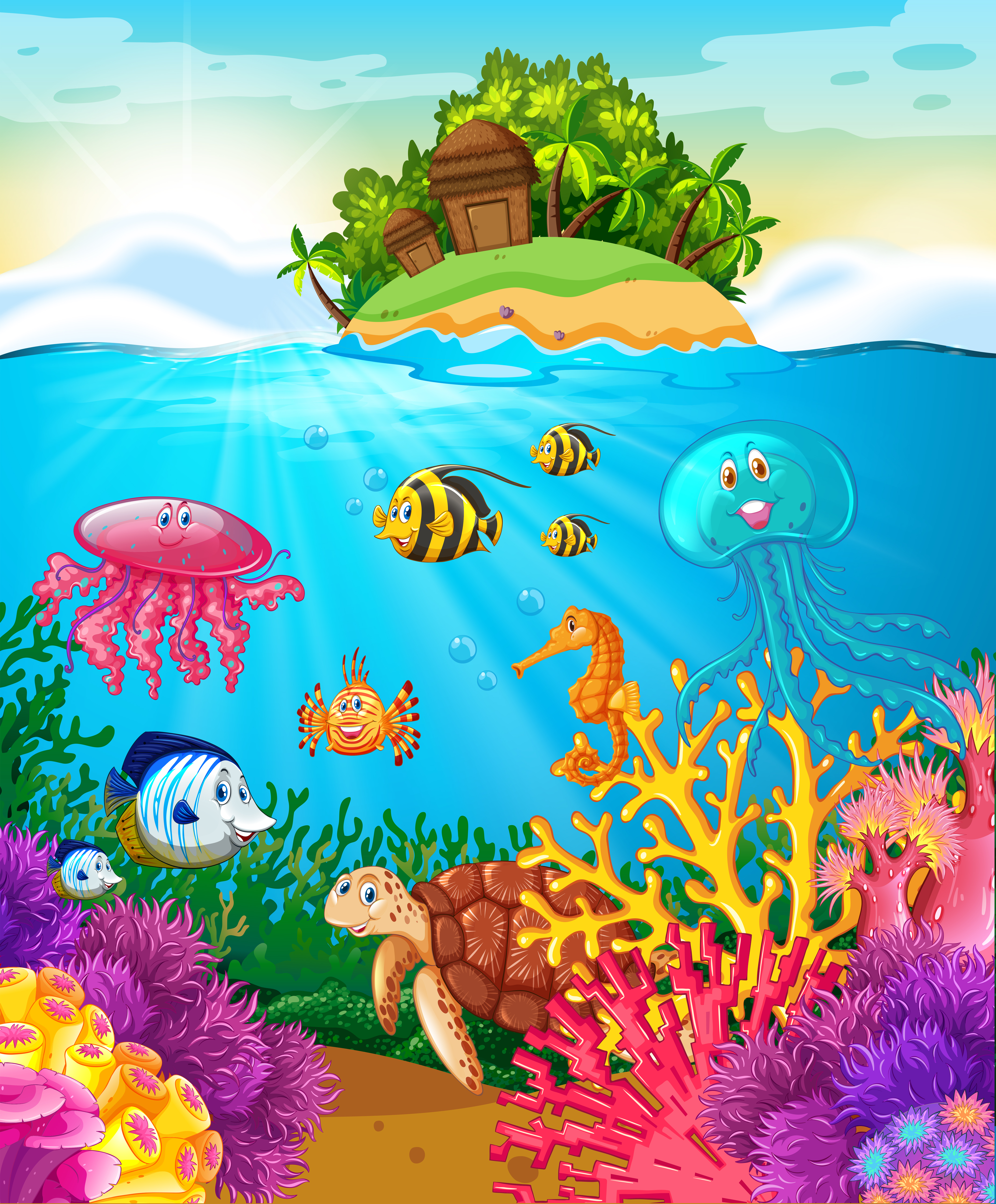 Sea animals swimming under the sea 366605 Vector Art at Vecteezy