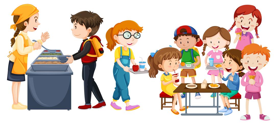 Niños comiendo en la cafetería. vector