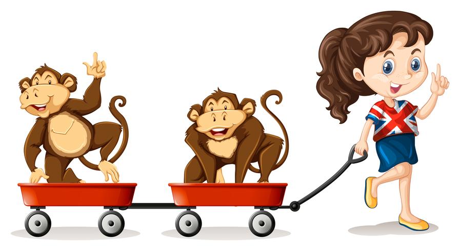 Girl pulling monkeys on the carts vector