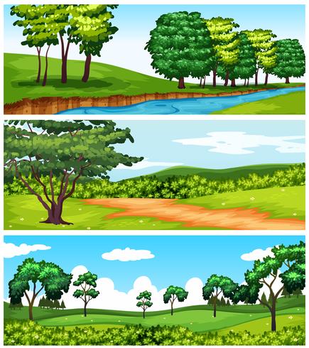 Escenas de naturaleza con arboles y rio. vector