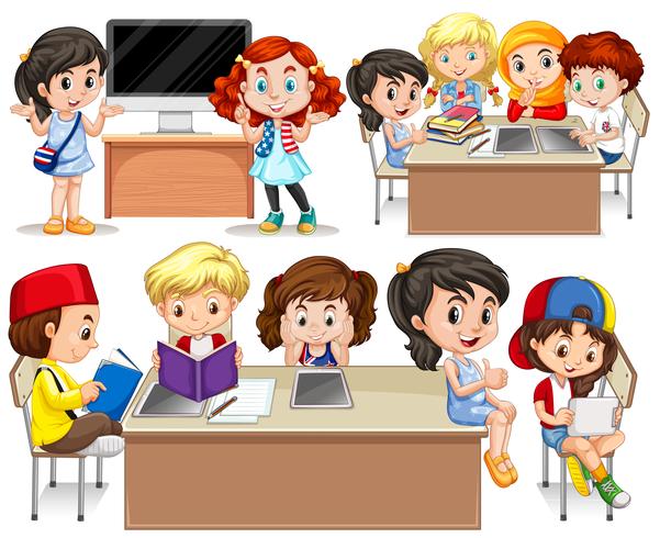 Children studying at their desk vector