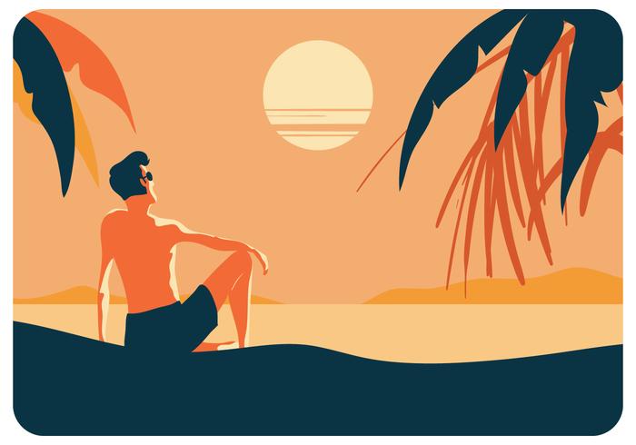 Un hombre que disfruta del verano al atardecer Vector