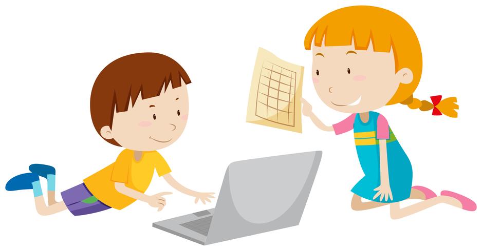 Niño y niña, trabajar en computadora vector