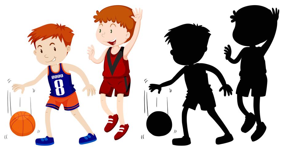 Dos niños jugando baloncesto vector