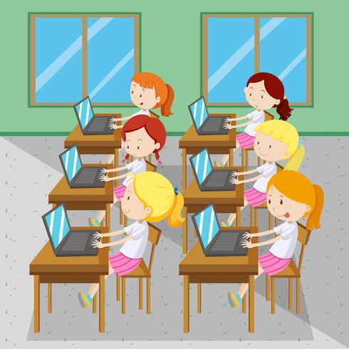 Six girls typing on computers vector