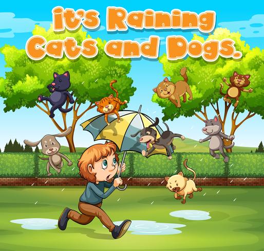 Idiom expression for it's raining cats and dogs vector