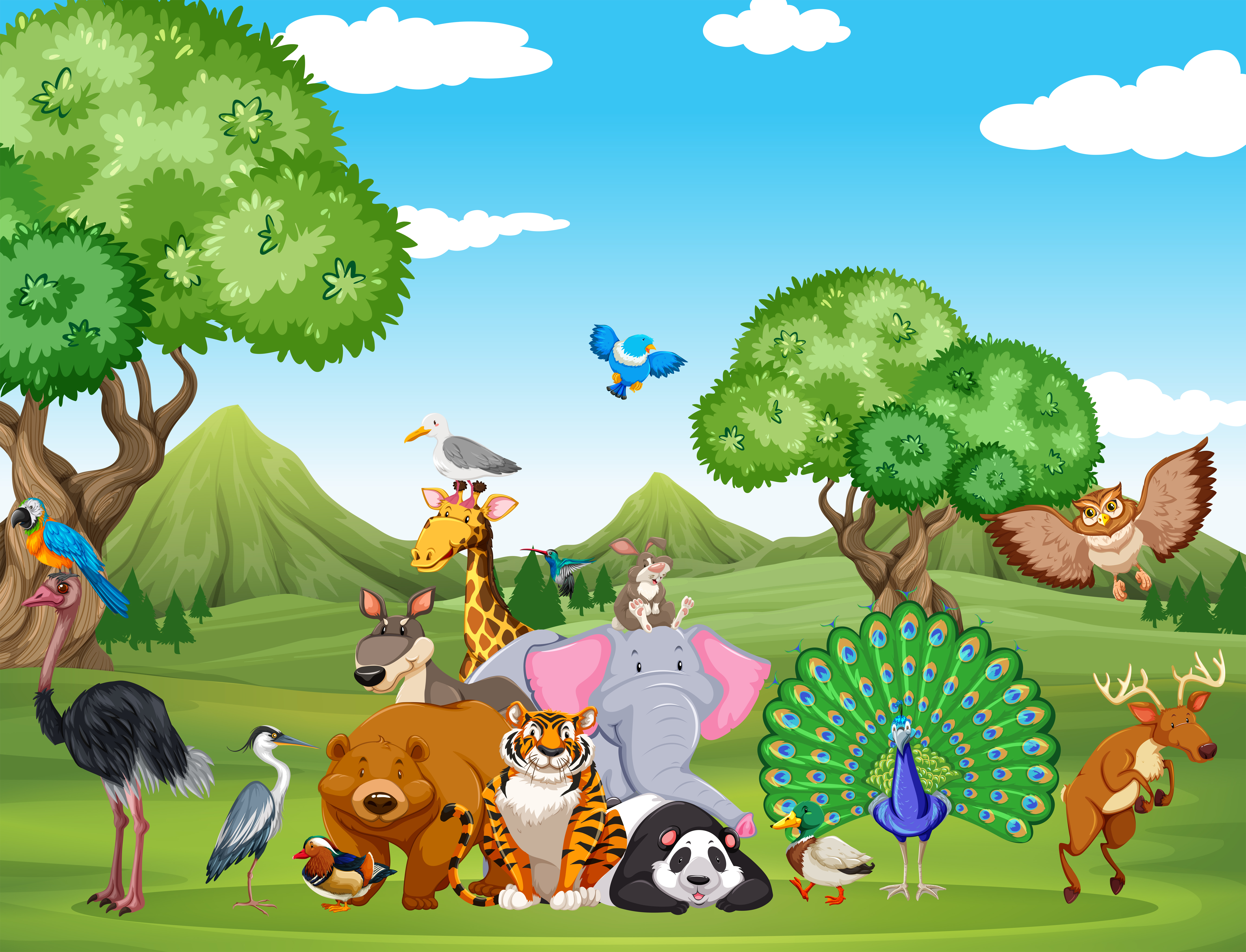 Forest scene with many wild animals 366821 Vector Art at Vecteezy Forest scene with many wild animals 366821 Vector Art at Vecteezy