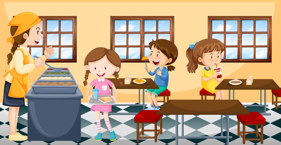 Children having lunch in canteen vector