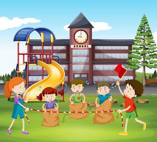 Children jumping sacks at school vector