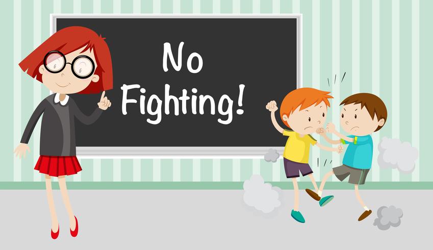 Boy fighting in front of no fighting sign vector