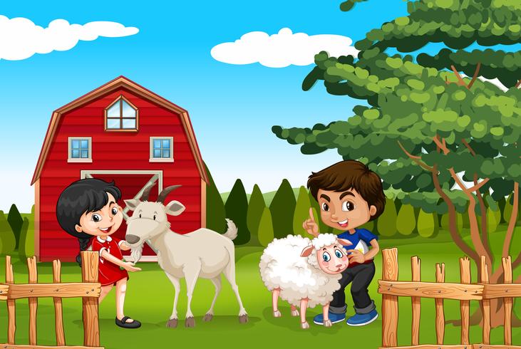 Niño y niña con animales de granja en la granja vector