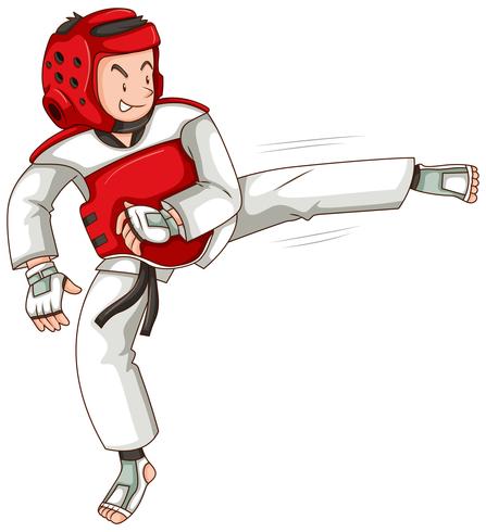 Hombre con traje de taekwondo pateando. vector