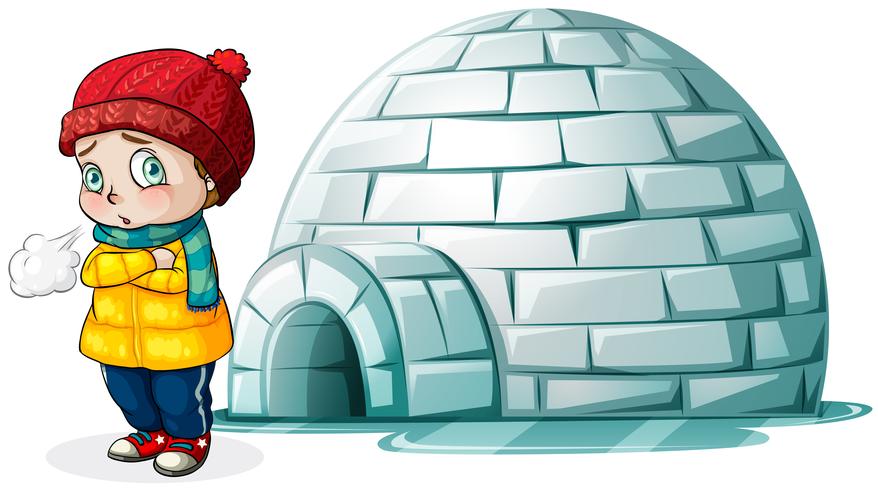 Boy standing in front of igloo vector