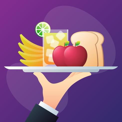 Man Holds A Tray Of Fresh Food, Fruit And Juice Illustration vector