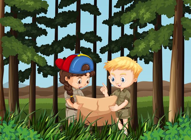 Boy and girl reading map in the forest vector