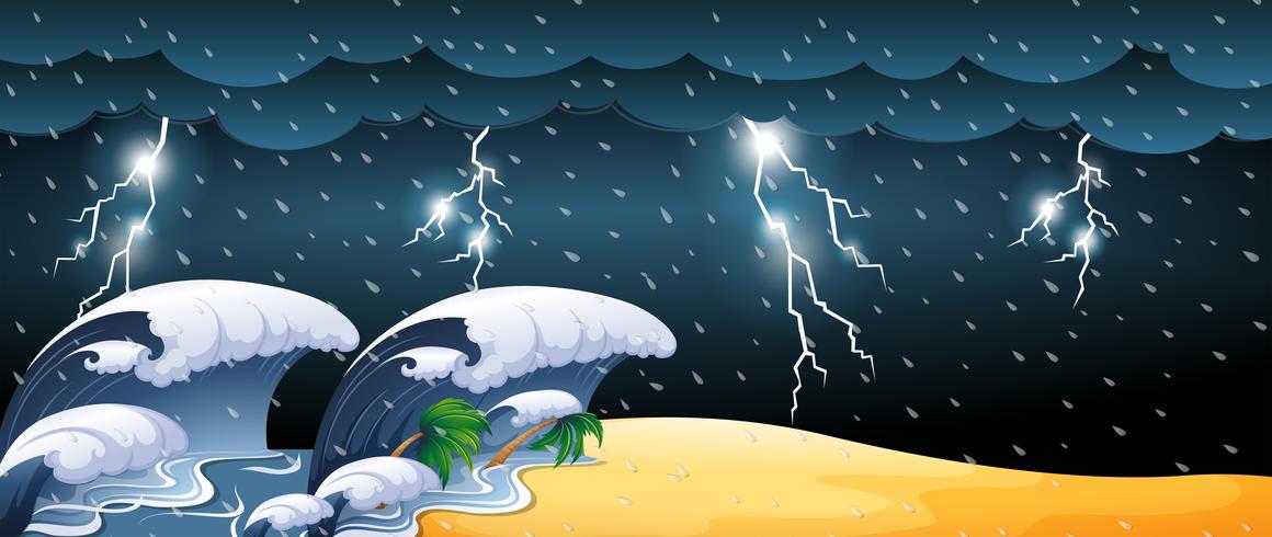 Escena del tsunami con tormentas eléctricas. vector