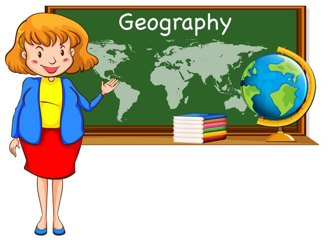 Profesor de geografía y mapa del mundo en la pizarra. vector