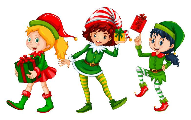 Tres chicas vestidas con traje de elfo para navidad. vector