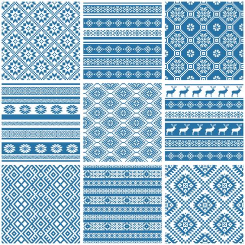 blue and white ornamental ethnic seamless patterns vector