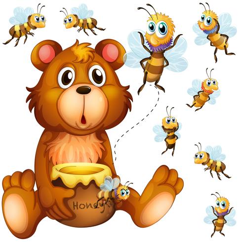 Bear holding honey jar and bees flying around vector