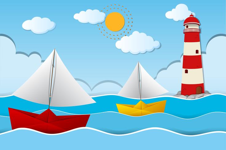 Two paper boats sailing at sea vector