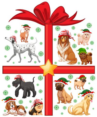 Tema navideño con lindos perros y caja actual. vector