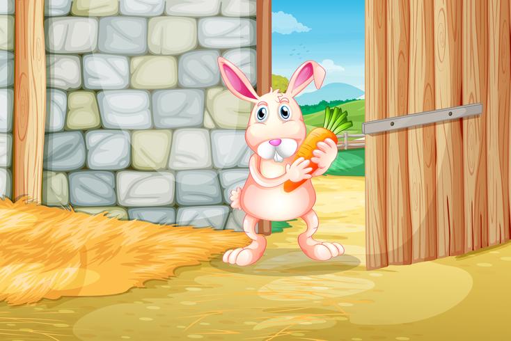 A bunny holding a carrot inside the barn vector