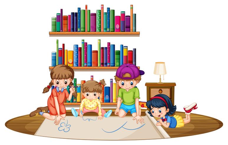 Four kids drawing picture in the room vector