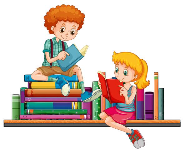 Niño y niña leyendo libros juntos vector