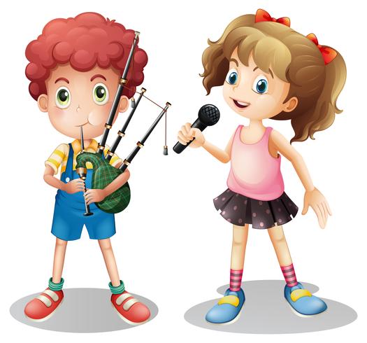 Boy playing bagpipe and girl singing vector