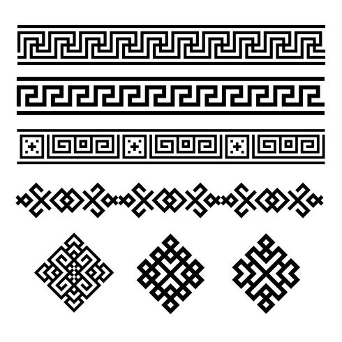 A set of black and white geometric designs. Signs and borders. Vector illustration